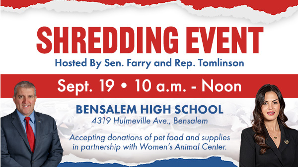 Graphic with Sen. Farry and Rep. Tomlinson’s headshots advertising a Shredding EVnt on September 19 at Bensalem High School